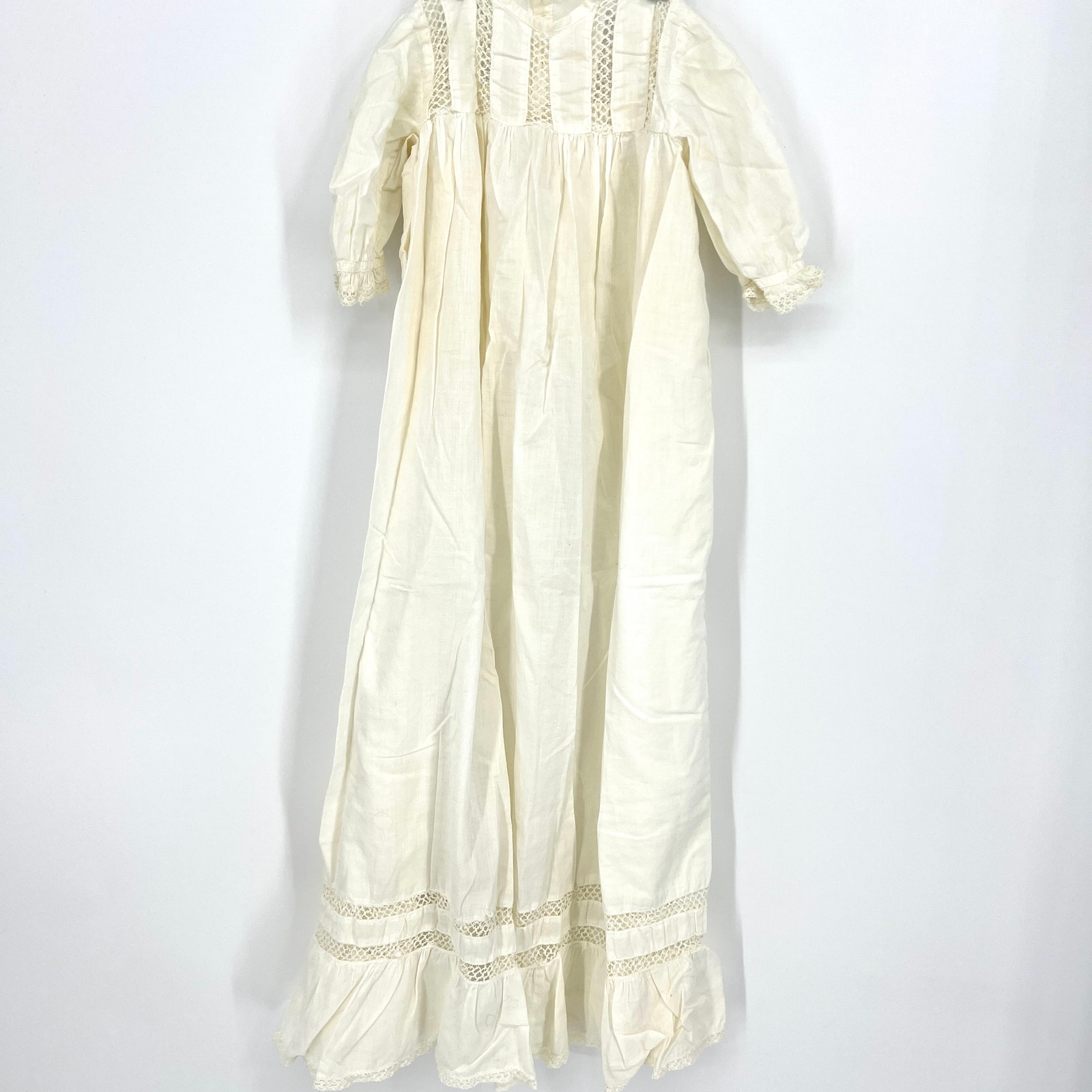 Vintage Hand Made Infant Doll Christening Baptism Gown Sleeves Ecru